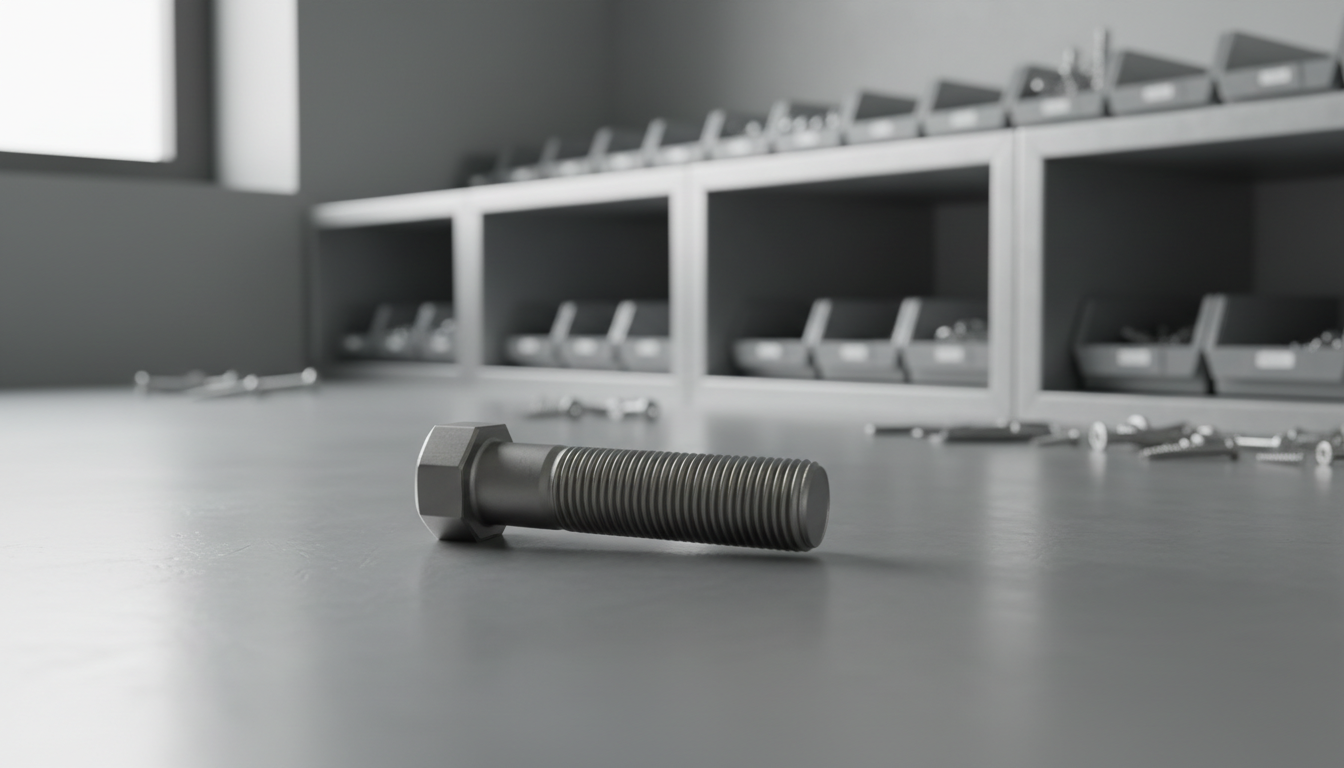 A matte brushed stainless steel bolt with precision-machined threads and a sturdy hexagonal head, meticulously placed atop a clean industrial metal workbench. The background features organized rows of assorted hardware components, perfectly aligned on minimalist shelving with a subtle brushed aluminum finish. Soft diffused daylight from a nearby window gently illuminates the scene, creating refined highlights along the bolt’s edges and understated shadows beneath. The atmosphere is focused and professional, subtly conveying efficiency and quality. Shot from a slightly elevated, close-up angle with a sharp focus on the bolt, the composition uses the rule of thirds for visual interest. The overall style is clean, modern, and photorealistic, perfectly aligning with a premium hardware solutions business.